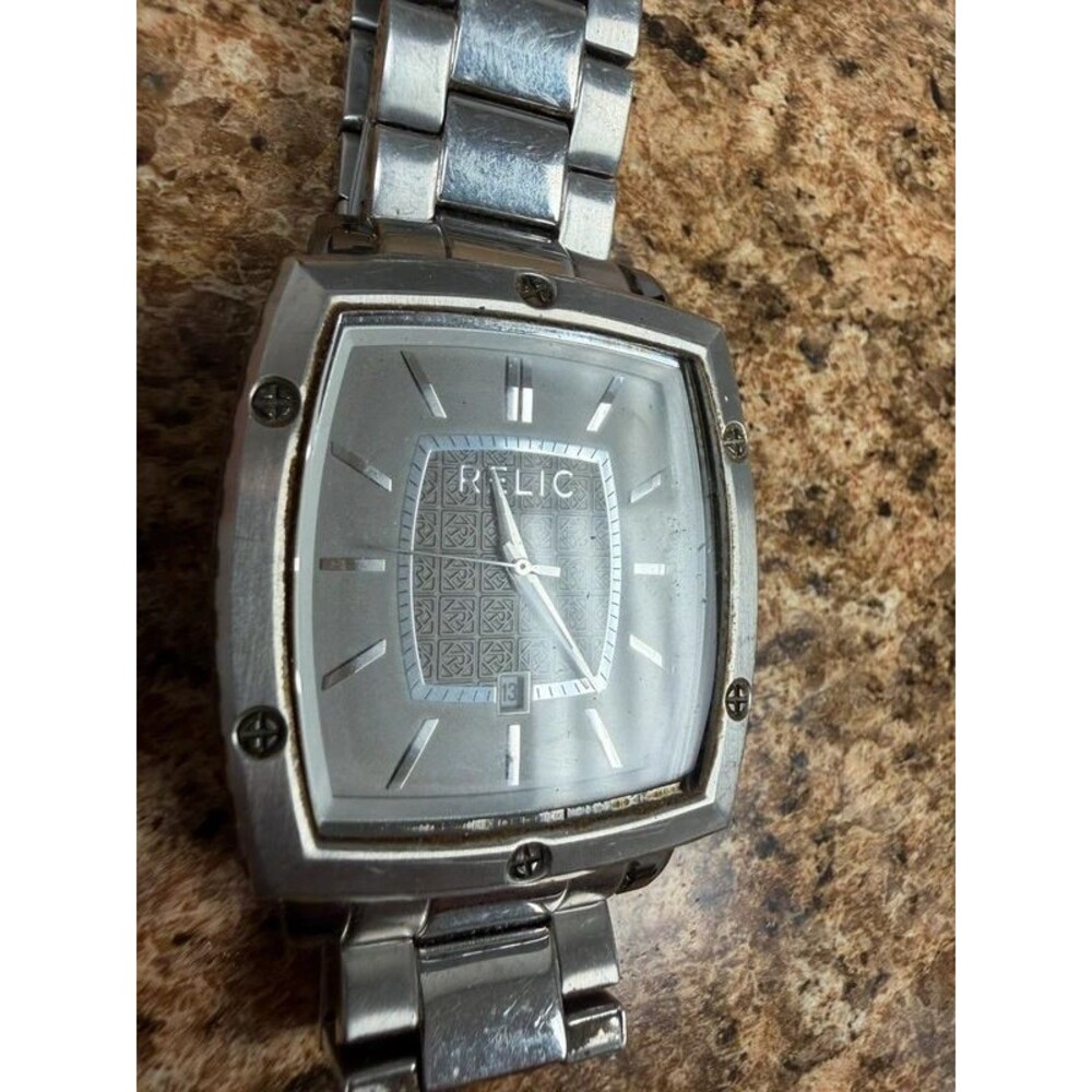 Relic by Fossil Men’s Stainless Steel Quartz Watch Date Tonneau Silver Dial